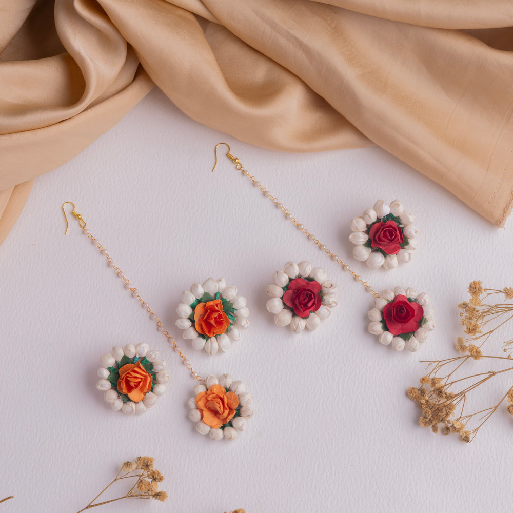 Mogra & Rose Floral Earrings & Tikka Set - FFC014