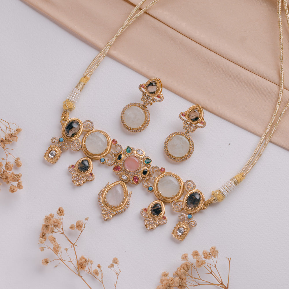 Antique Jewellery Necklace and Earrings JJCN250 White