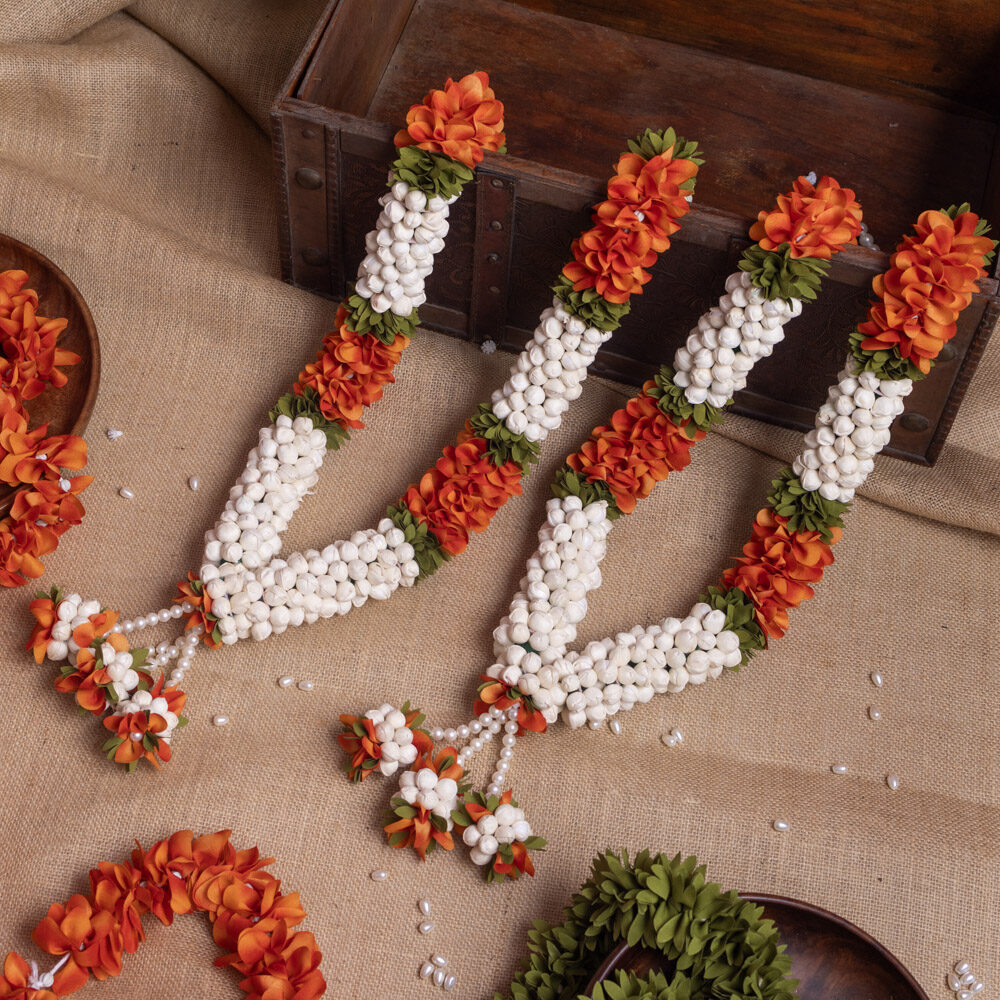 Handcrafted Flower Varmala with Mogra Buds & Baby's Breath - Orange