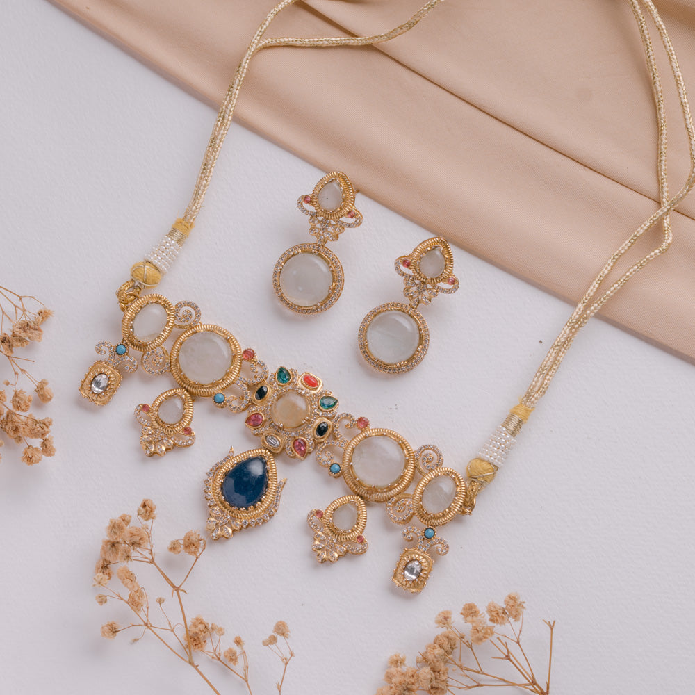 Antique Jewellery Necklace and Earrings JJCN250 Blue